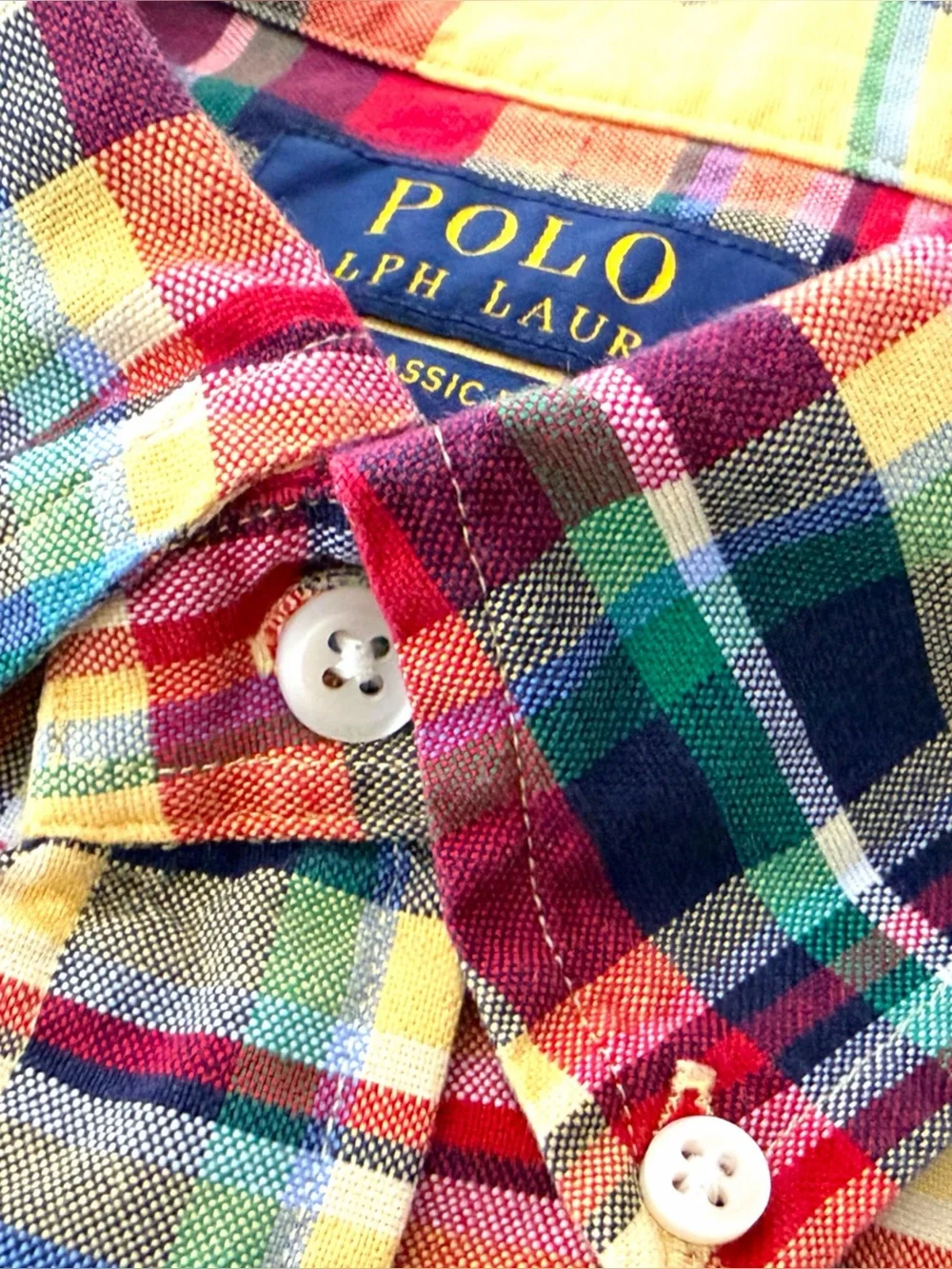Polo Ralph Lauren Plaid Oxford Shirt Short Sleeve Yellow Madras Classic Fit L